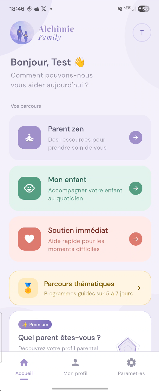 Capture d'écran de l'application Alchimie Family