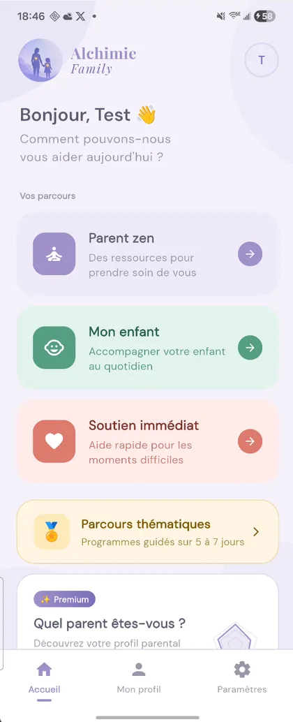 Capture d'écran de l'application Alchimie Family